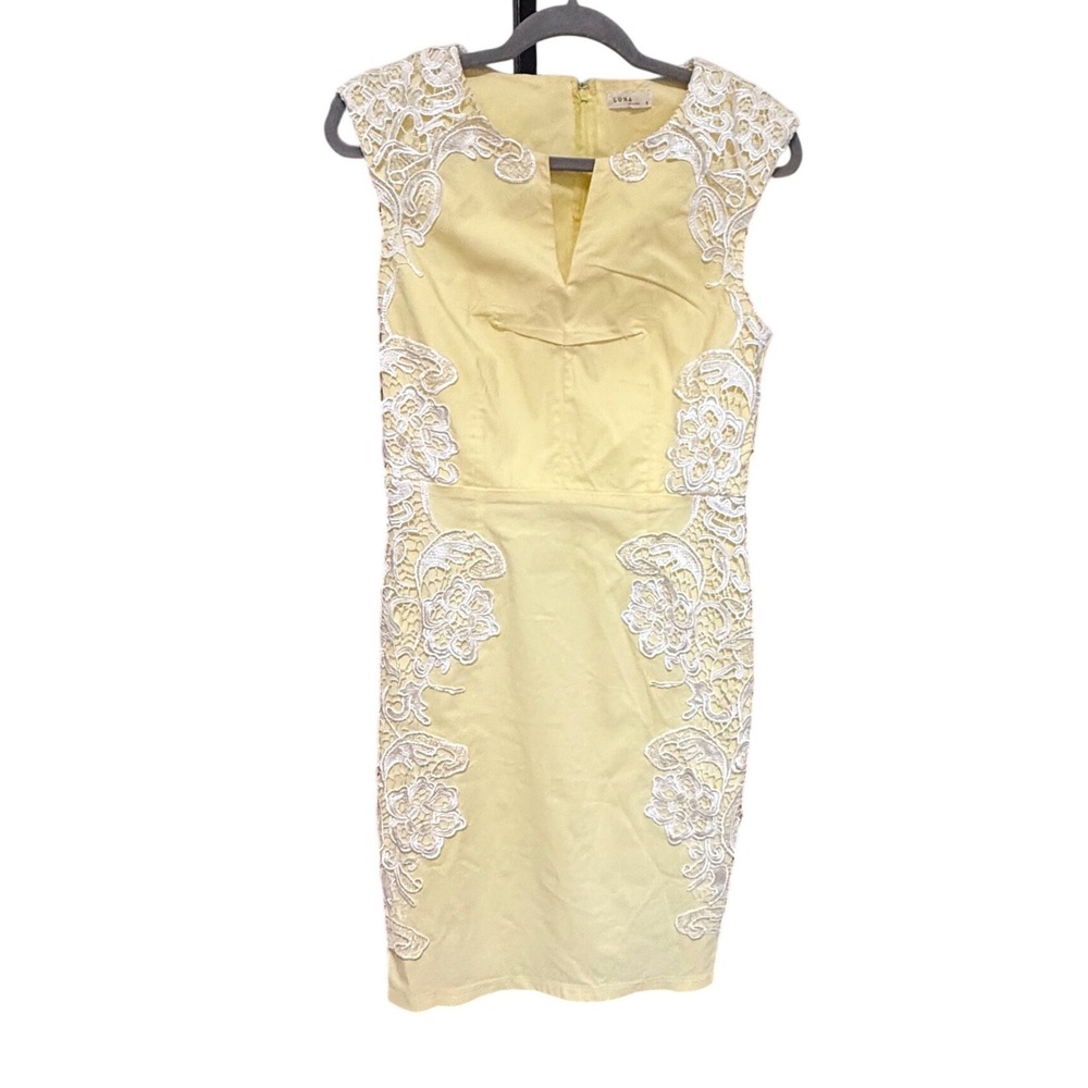 Luna of London Sheath‎ Dress Lace Applique Pastel 8 Yellow Excellent Sleeveless